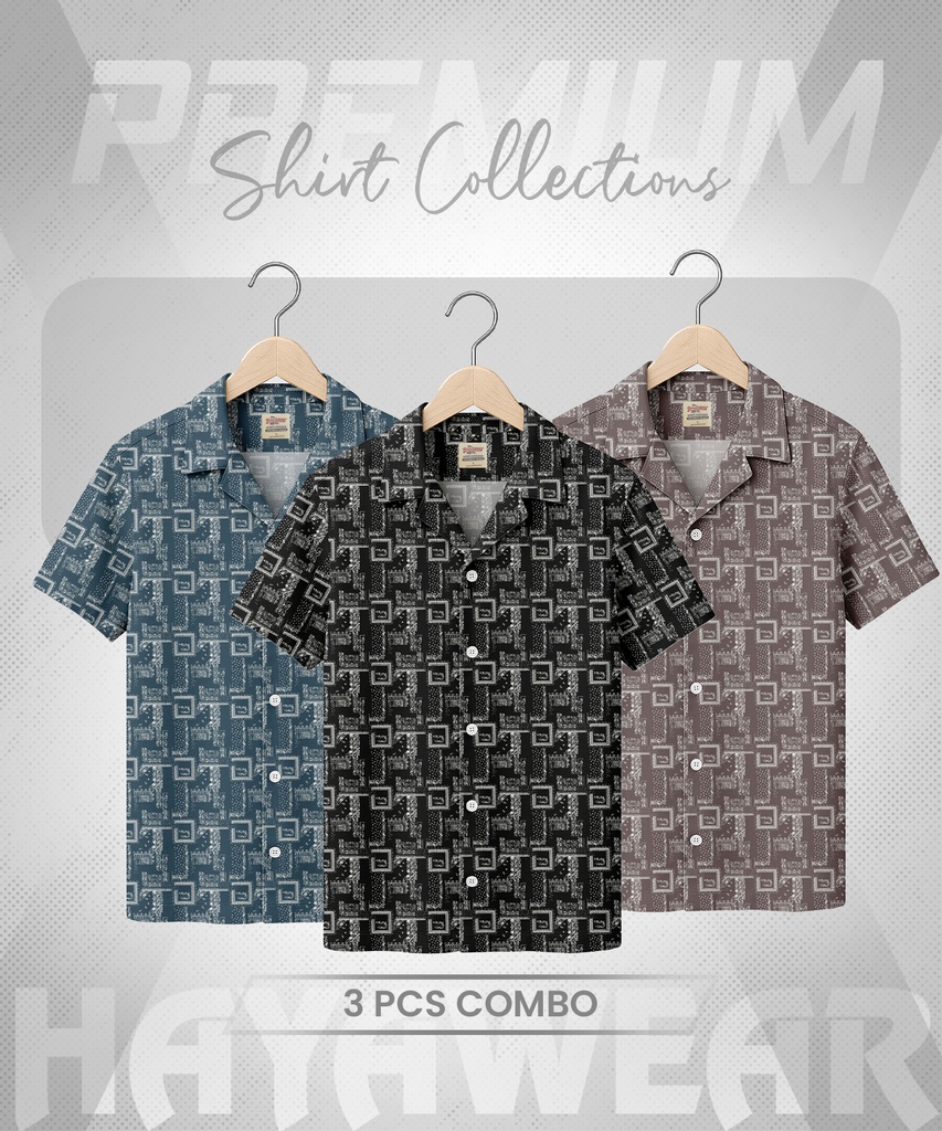 SHT001 Black & Light Olive & Brown 3pcs Combo Cuban Shirt